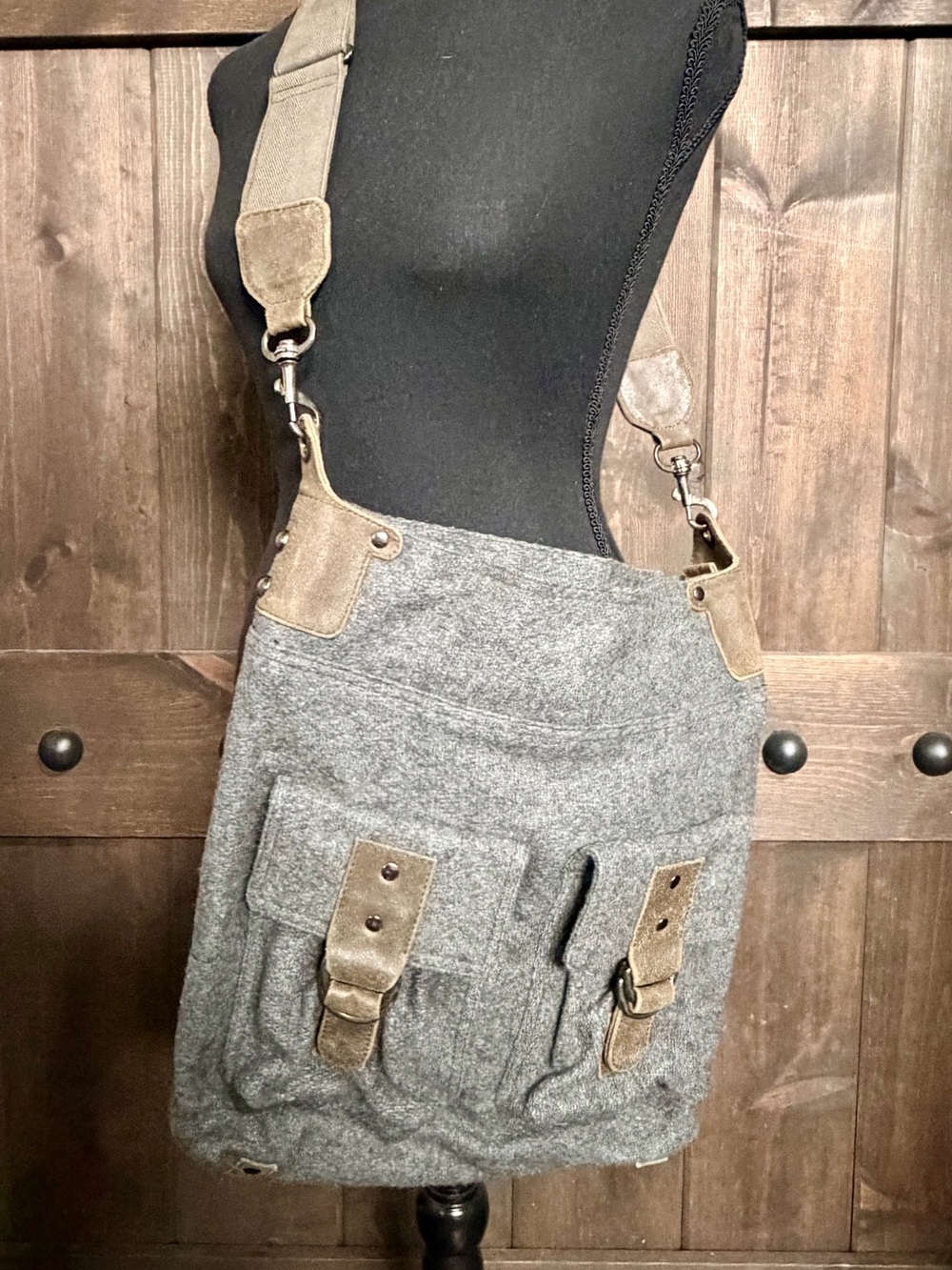 Gray Wool Crossbody Bag with Brown Suede Accents